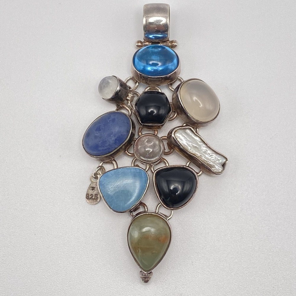 Unsigned 925 Sterling Silver Pendant Vintage Multi Gemstone Large